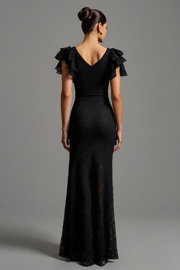 Lace Sheath Black Formal Dress with Ruffles